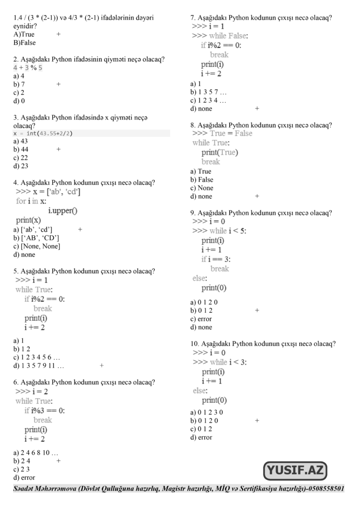 Python-a aid 40 Test və Cavabları - www.YUSIF.az İnformatika