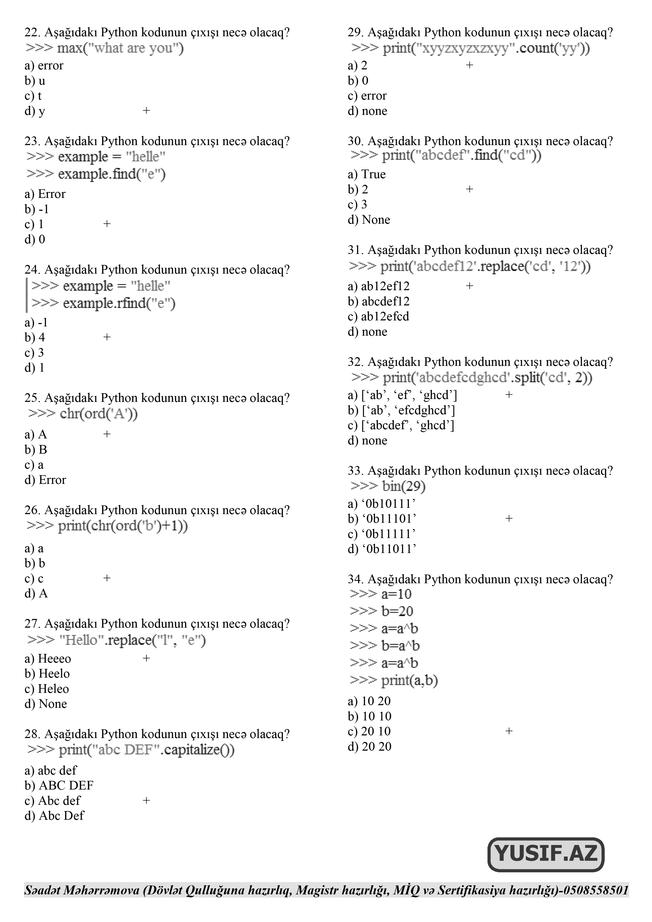 Python-a aid 40 Test və Cavabları - www.YUSIF.az İnformatika